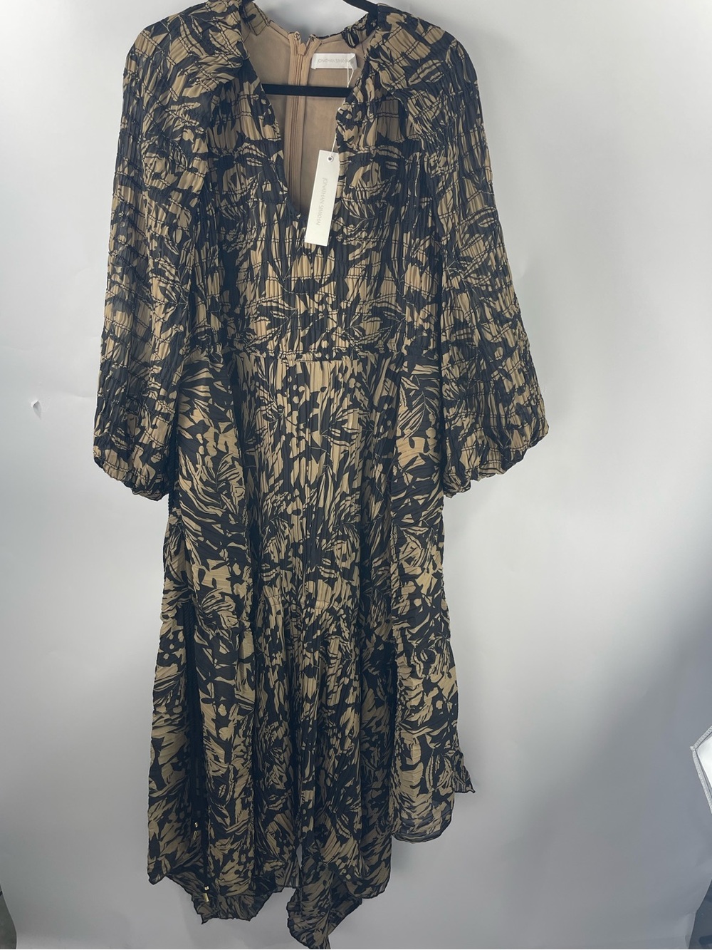 Jonathan Simkhai Tiff Black Tan Chiffon Floral Resort Designer Midi Sz 8 Dress